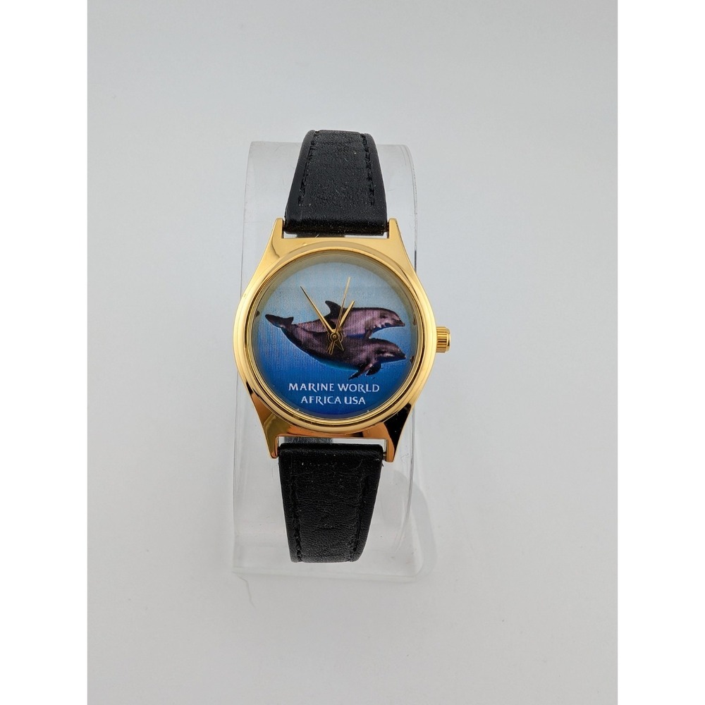 Marine World Africa USA Dolphin Watch Gold Case Leather Band-‎ New Battery